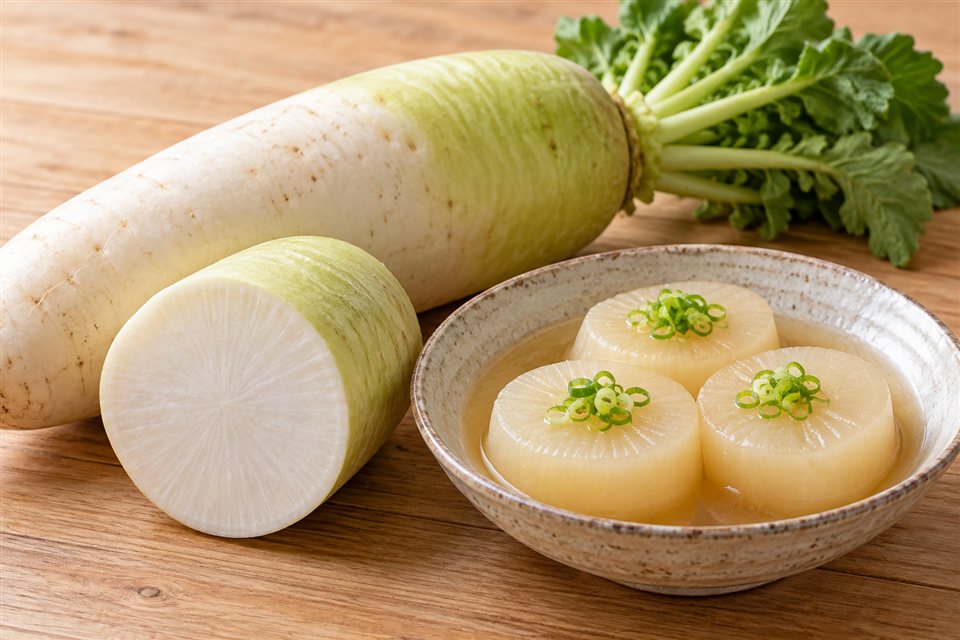 旬の大根と、だしで煮た大根の煮物